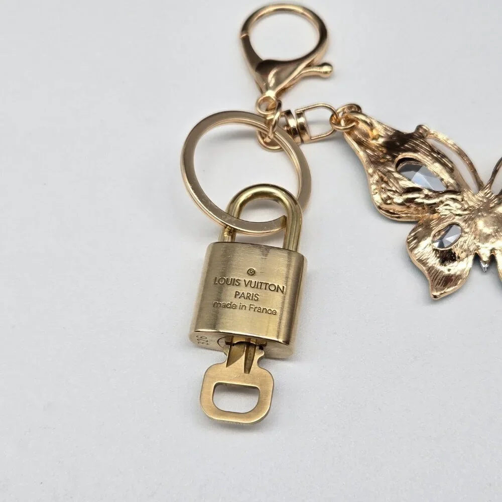LV Authentic Gold Lock & Key 🔑 Luxury Bag Charm w/ Unbranded Butterfly Keychain
